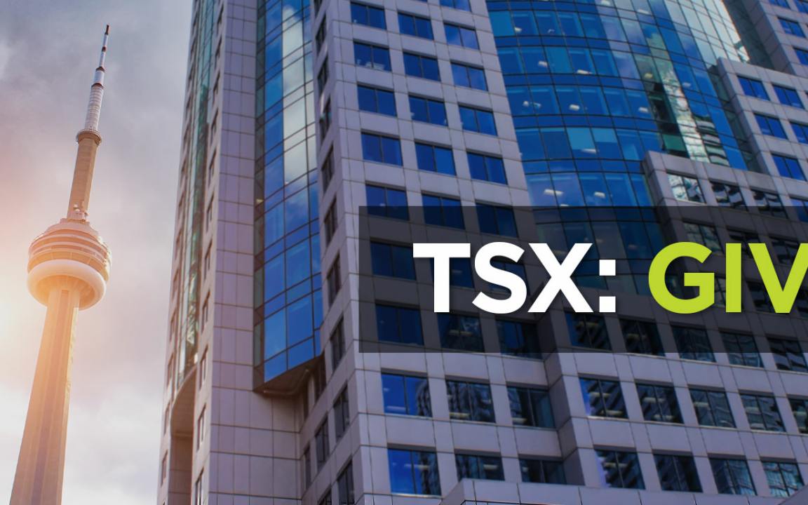 Givex TSX ticker symbol in front of Toronto skyline