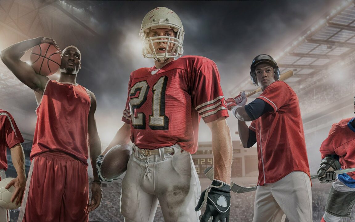 Image of uniformed male athletes of various sports